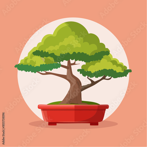 Cartoon bonsai tree in a red pot with a light pink background.