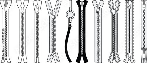 Zipper design collection, fashion accessory icons, clothing fastener illustration, garment closure symbols, textile hardware pack, stylish zipper variations