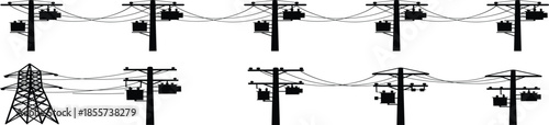 Electric transmission tower and utility pole icon set, power line infrastructure vector, energy distribution design, black silhouette illustration