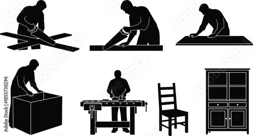 Woodworking silhouettes, furniture making process, sawing planks, planing wood, sanding surface, assembling structure, workbench tools, chair cabinet design, black vector illustration