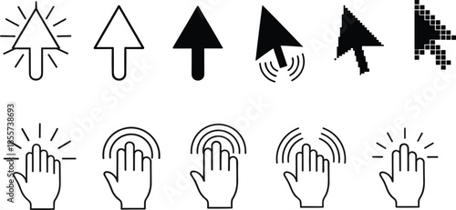 Minimalist vector icon set of computer mouse cursor arrows and hand touch gestures isolated on white background for website interface and app design