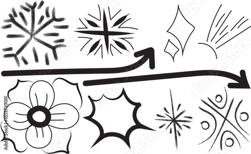 Silhouette of various snowflakes and flower designs isolated on transparent background