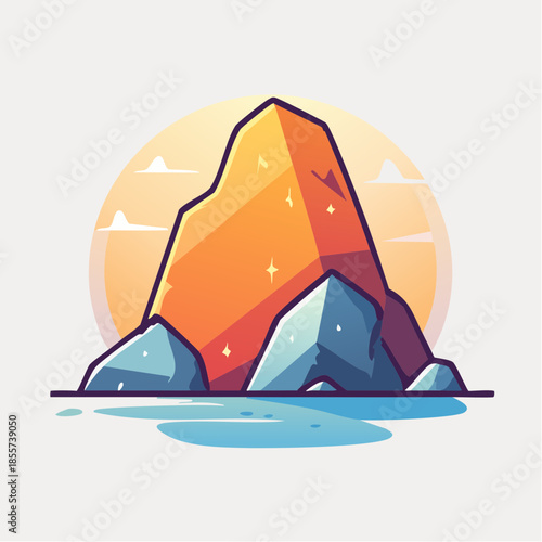 Stylized illustration of a mountain peak with a warm color gradient and surrounding water, set against a soft, circular background.