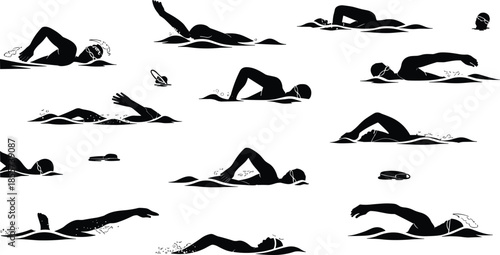 Freestyle swimming silhouette icon set, black vector stroke sequence, athletic motion illustration, swimmer technique breakdown, training pose design