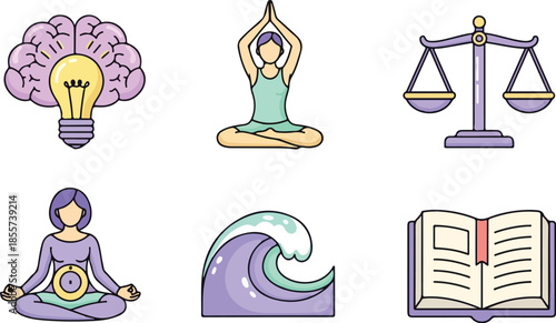 Flat lay illustration of six minimalist icons representing mental wellness and balance on a white background.