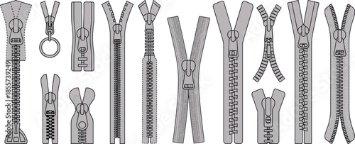 Zipper variation icons, garment fastener designs, fashion closure illustration, clothing accessory symbols, textile hardware pack, stylish zipper collection