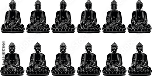 Twelve Black Silhouette Buddha Statues Sitting in Meditation on Lotus Flower Base Isolated on White Background Vector Illustration for Zen Design