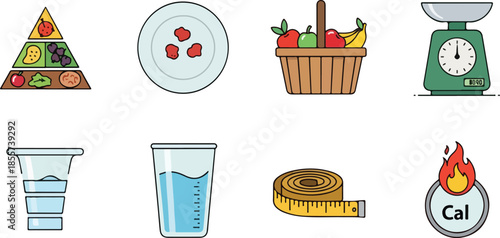 Flat lay of various diet and nutrition icons on a clean white background with a focus on healthy eating and weight management.