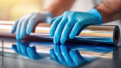 Medium shot of a worker inspecting a chromed anilox roller surface ensuring smooth ink flow for consistent print performance.