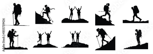 Silhouette hikers with backpacks and poles on mountains