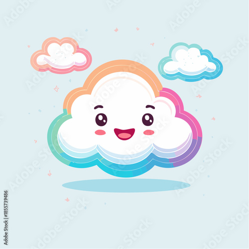 Cute cartoon cloud with a happy face surrounded by smaller clouds on a light blue background.