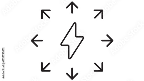 Black lightning bolt surrounded by arrows pointing outwards on transparent background silhouette