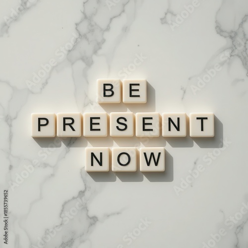 Inspirational Message Be Present Now Concept on Marble Background