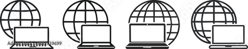 Black outline icon laptop beside globe global remote access technology concept worldwide connectivity digital symbol