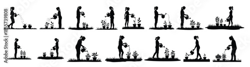 Silhouettes of women watering potted plants and grass