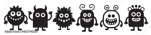  six playful black silhouette monsters cartoon characters