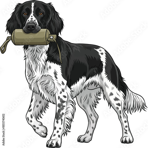 Large Münsterländer dog carrying game dummy cute pose