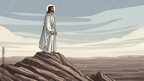 Jesus standing on a rocky hilltop in a serene landscape