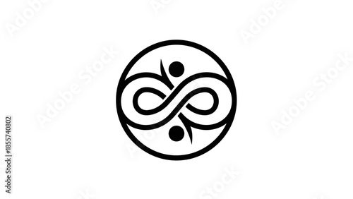 A black and white circular logo featuring an abstract infinity symbol intertwined with two small dots, representing connection and continuity.