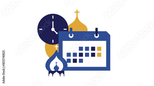Illustration of a clock, calendar, and Orthodox church domes, symbolizing religious events and time management.