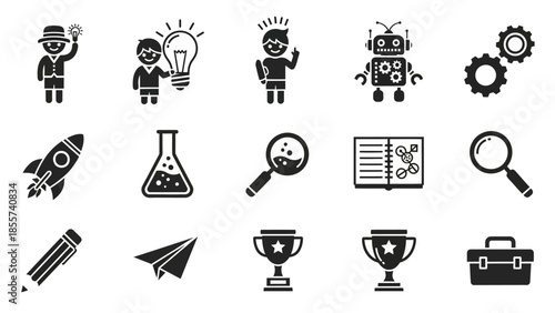 A collection of icons representing innovation, creativity, science, technology, and education, featuring elements like a lightbulb, robot, rocket, and magnifying glass.