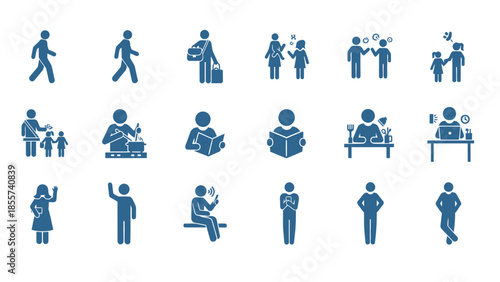 Collection of diverse blue stick figure icons representing various human activities and states, including walking, reading, working, and family interactions.