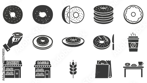 A collection of black and white icons representing bagels, coffee, and bakery elements, suitable for food-related designs.