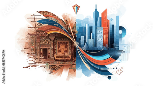 Abstract illustration contrasting ancient traditional architecture with a modern futuristic cityscape, connected by dynamic flowing lines.