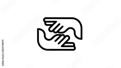 A minimalist black and white line art icon depicting two cupped hands gently supporting each other, symbolizing care and assistance.