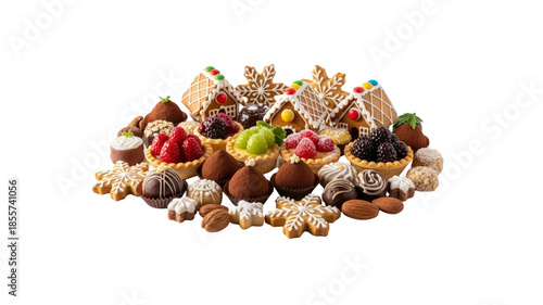 Holiday sweets including gingerbread houses tarts and cookies