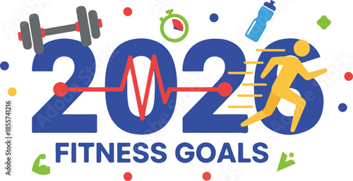 2026 Fitness Goals Concept with Running Man and Workout Equipment Vector