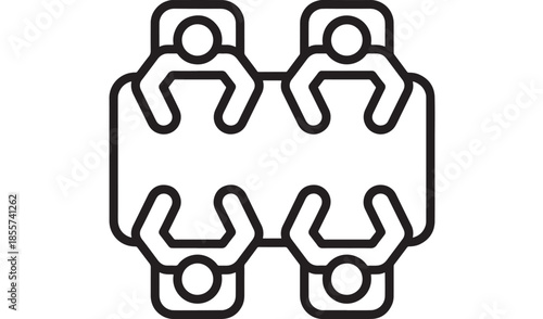 Four people sitting around a square table line art on transparent background silhouette