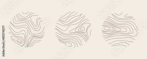 Minimalist logo design with wooden texture and circular topographic line patterns, perfect for eco-friendly brand identity and nature-inspired business concepts. Geometric wavy topographic patterns