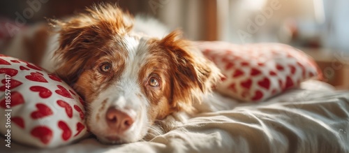 Adorable Dog Resting on Heart-Patterned Pillows for Valentine's Day Celebration in Cozy Home Setting