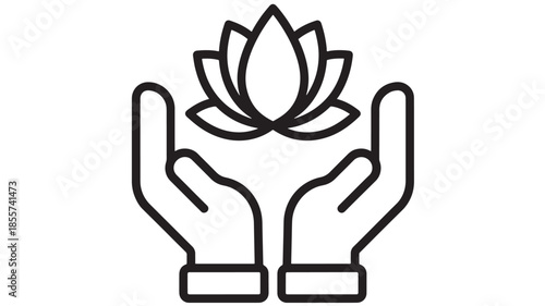 Hands cradling a blooming lotus flower delicate line art on transparent background silhouette
