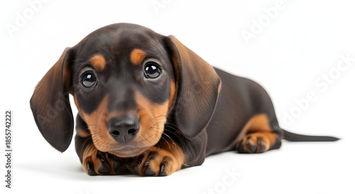 A Chocolate‑and‑Tan Dachshund Puppy Lying Down with Expressive Eyes and Floppy Ears, Captured Against a White Background.