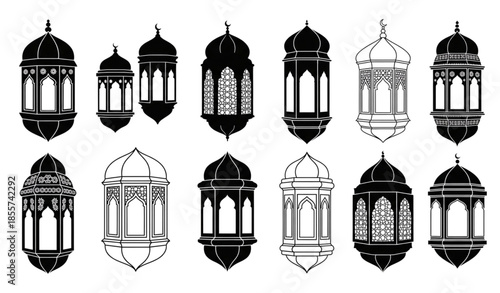 Minimal black Arabic fanous lantern vector set for Ramadan Islamic decoration isolated on white background