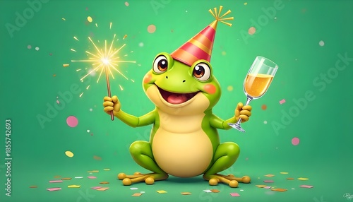 Happy new Year, new year's eve, new years eve, party, celebration, new year card, funny animals greeting card with text - frog with sparkler, champagne glass and party hat, isolated green background