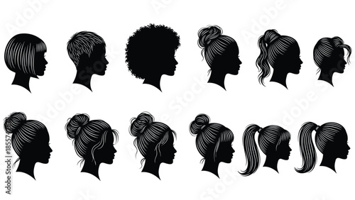 Diverse woman hair silhouette set, female head profiles with various hairstyles including bun, ponytail, afro, and short cuts for beauty design,