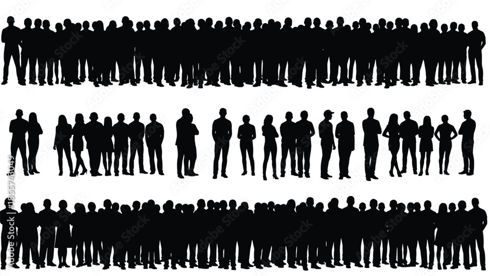 Naklejka premium Large set of black people silhouettes standing in crowd and rows group of men and women isolated on white background
