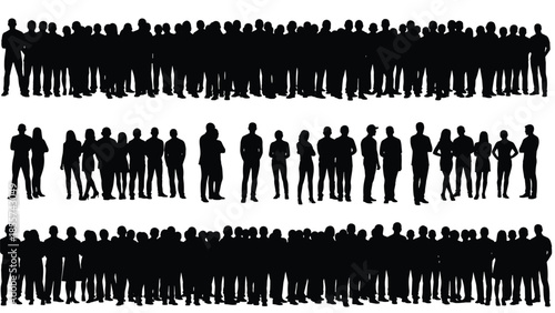 Large set of black people silhouettes standing in crowd and rows group of men and women isolated on white background