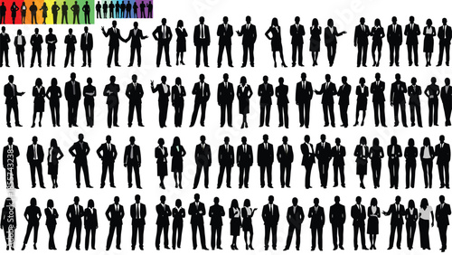 Large set of business people silhouettes, professional corporate men and women in suits standing and posing for office team design,