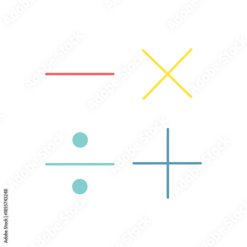 Colorful flat icon set featuring math symbols like plus, minus, multiply, and divide. Modern vector illustrations ideal for education apps, school websites, and math games.