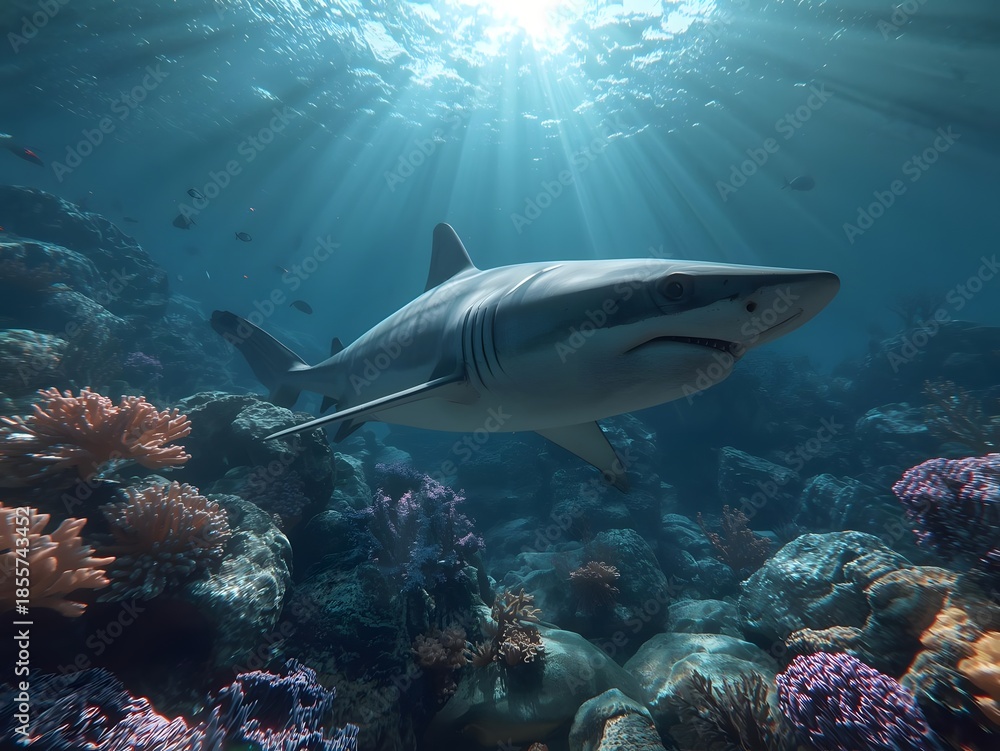 Fototapeta premium Shark swimming underwater with coral reef in vibrant colors and sunlight rays for marine life documentary