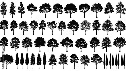 Large set of black tree silhouettes and different garden plant shapes collection of forest deciduous and coniferous trees isolated on white