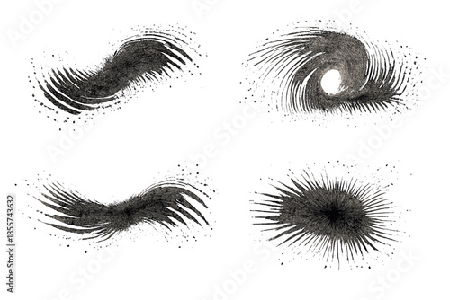 Four abstract swirling dark particles on a blurred grey background