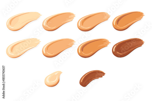 Various shades of liquid foundation swatched on a neutral background