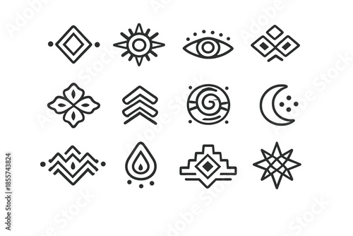 Set of twelve mystical tribal icons on a gradient background