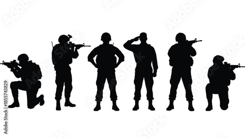 Military soldier silhouettes set, army infantry figures in combat poses, crouching and standing troops with rifles for war and defense design,