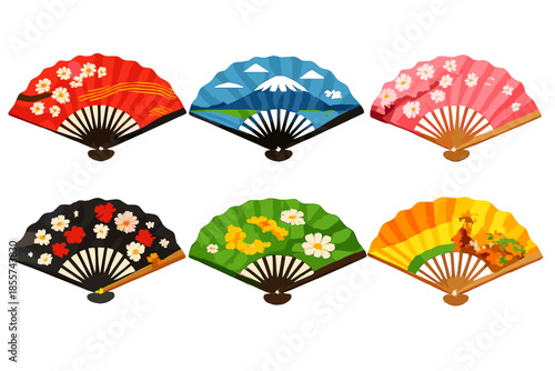 Six Japanese fans with traditional motifs